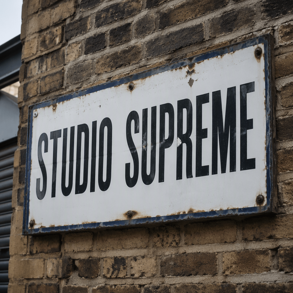 GPT Image 2 render of an enamel sign reading STUDIO SUPREME in condensed capitals on a brick wall