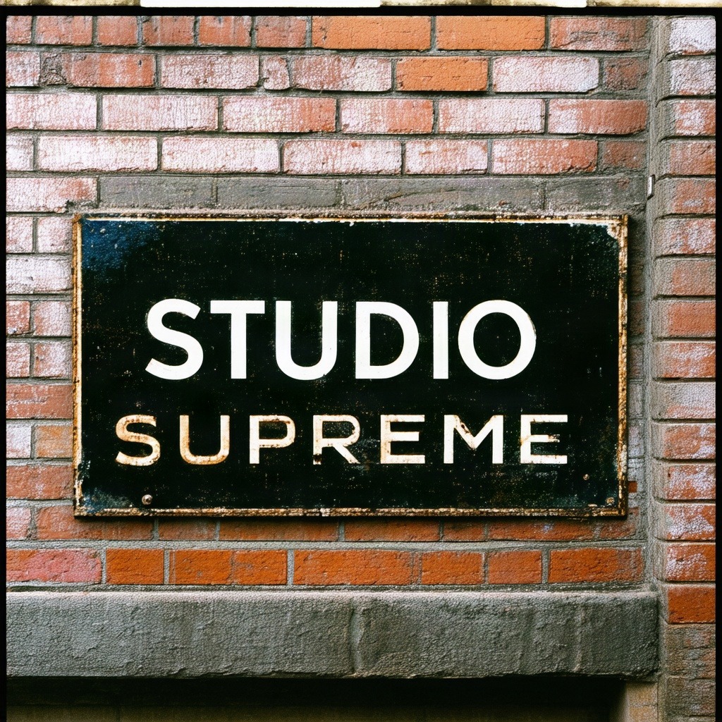 Stable Diffusion 3.5 render of a dark sign reading STUDIO SUPREME in two different typefaces