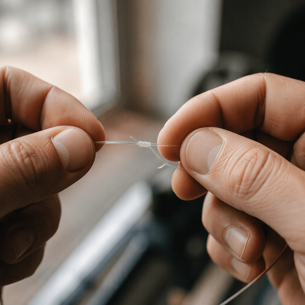 GPT Image 2 render of two hands tying a knot in thin clear monofilament fishing line
