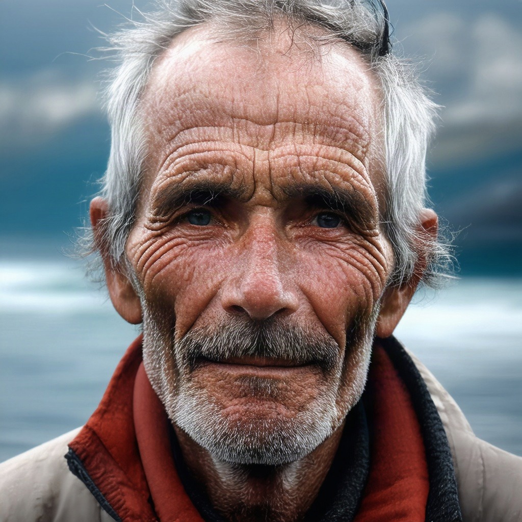 Stable Diffusion 3.5 portrait of an older man with heavy wrinkles photographed outdoors near water