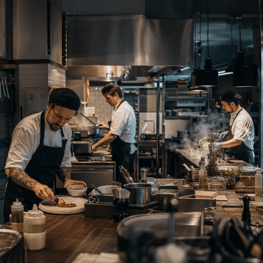 GPT Image 2 wide shot of three chefs at separate kitchen stations with one plating in the foreground