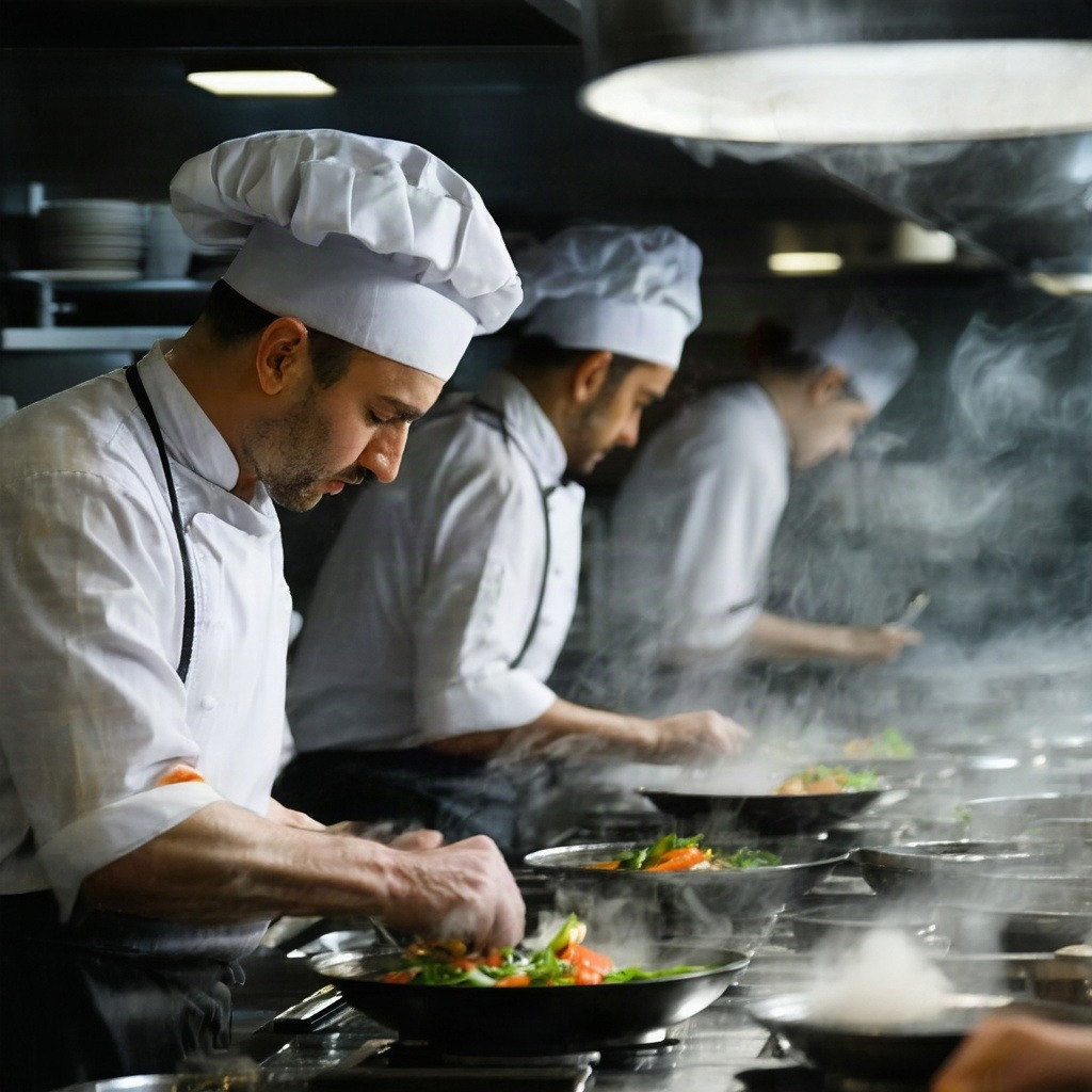 Stable Diffusion 3.5 image of chefs in tall white hats lined up along a single kitchen pass