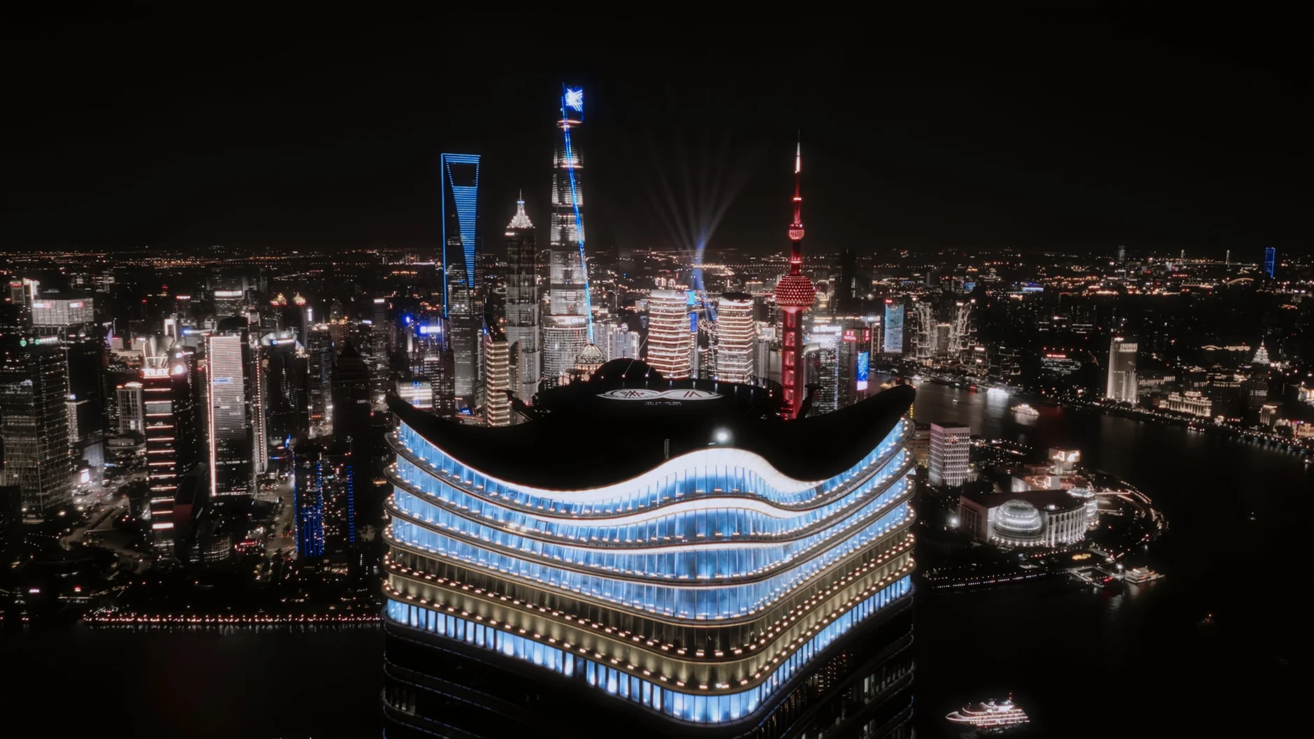 Aerial frame from the Moncler 70th Anniversary shoot in Pudong