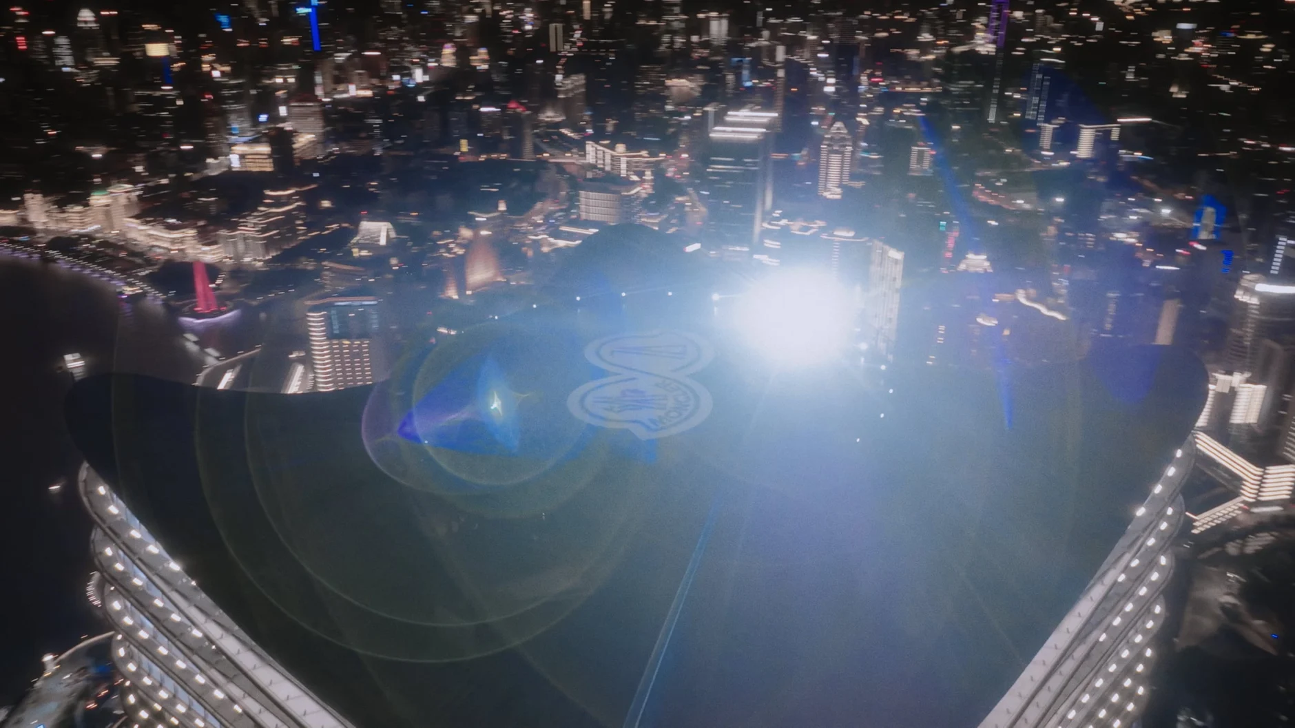 Light thrown down onto the helipad deck during the Moncler 70th Anniversary shoot in Shanghai