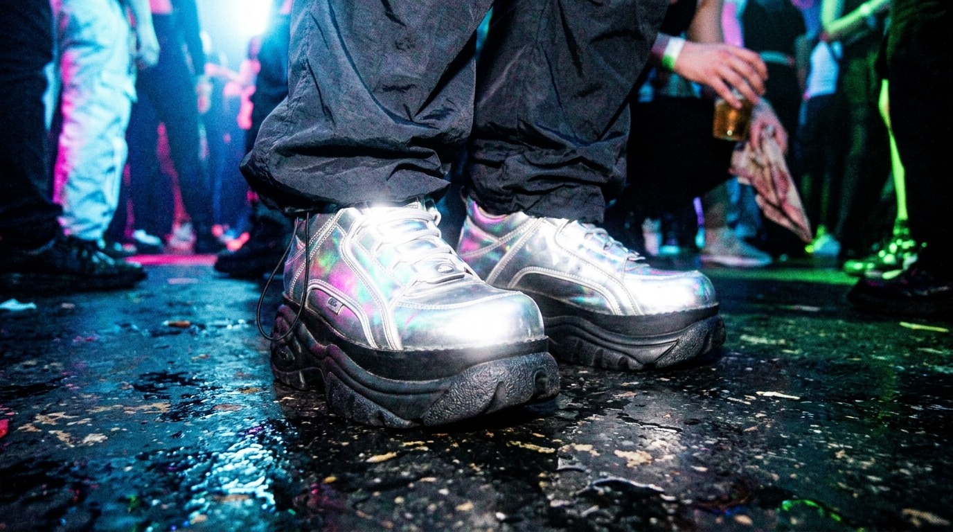 A close-up of a pair of chunky, silver platform shoes, y2k prompts