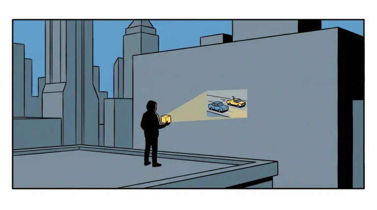 A lone filmmaker, silhouetted against a futuristic cityscape, holds a, ai filmmaking