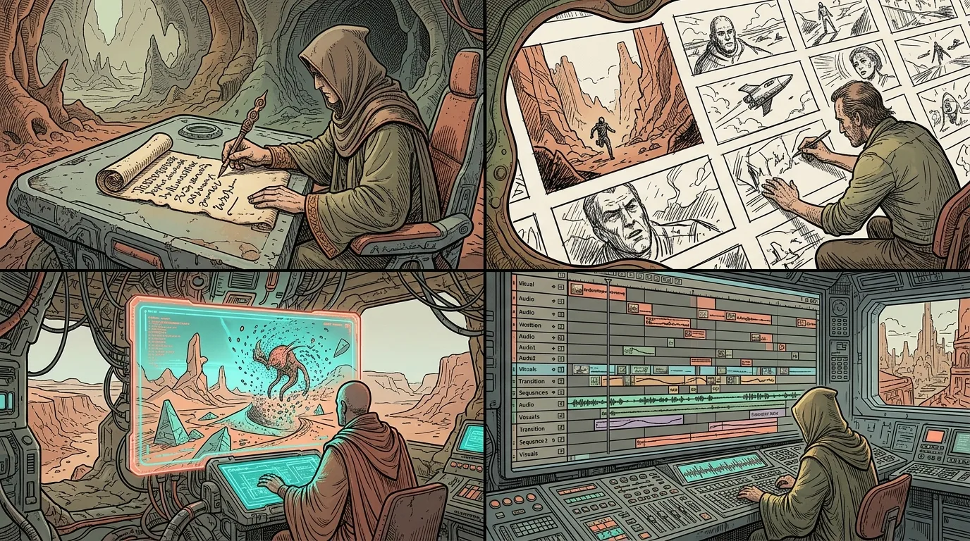 Your First AI Film: Budget Guide 7 A multi-panel graphic illustrating the AI film workflow: a hand, ai filmmaking (AI Render Pro)