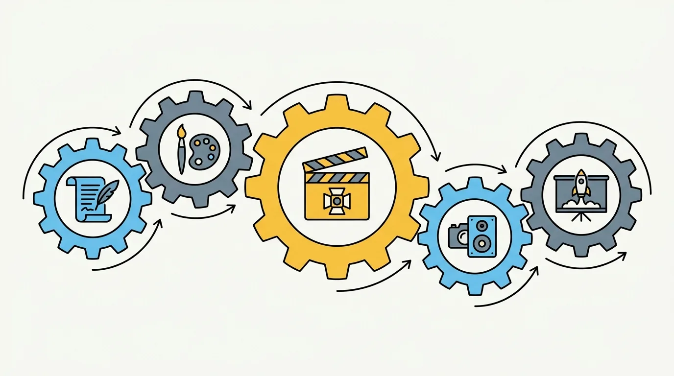 A series of five interconnected gears, each labeled with a, ai filmmaking
