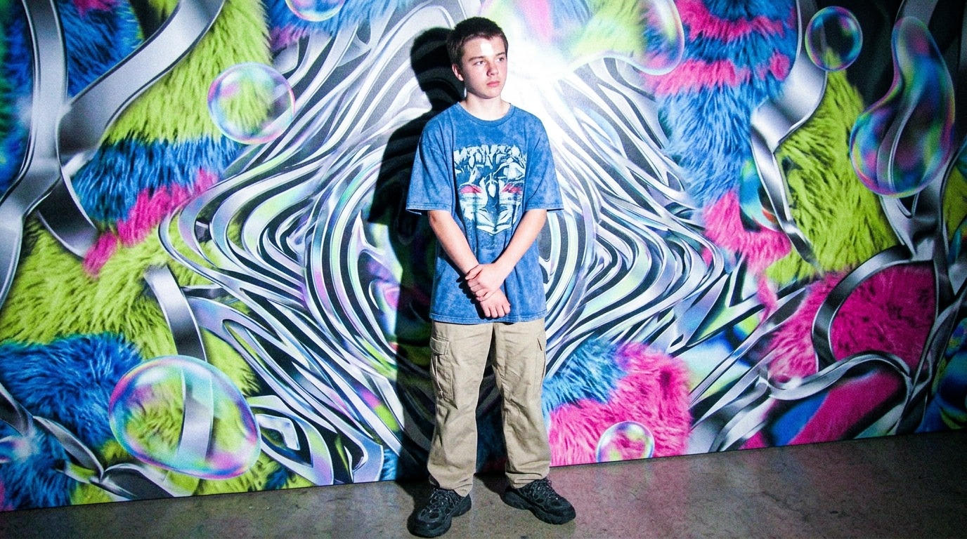 A wide shot of a person standing awkwardly in front, y2k prompts