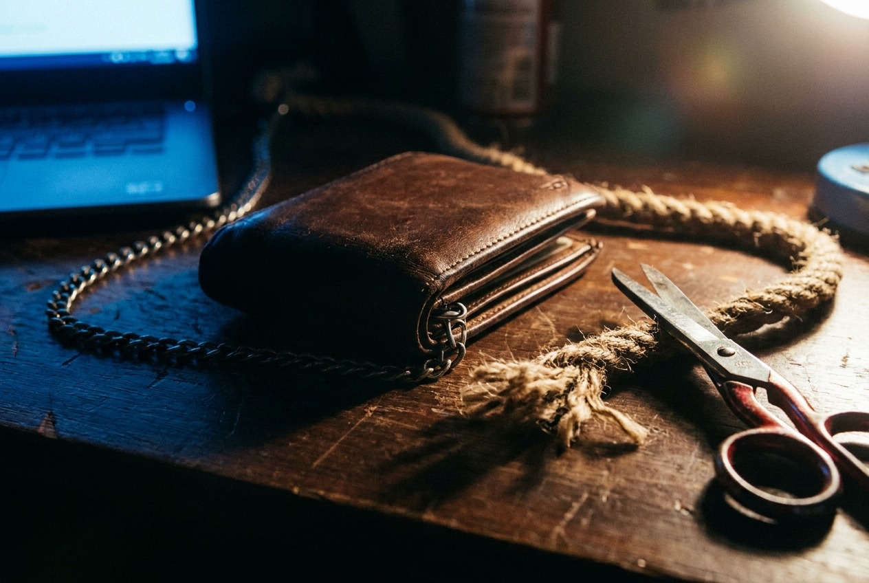 A wallet with one rope cut but a hidden chain still attached, cancelling the site is not cancelling the billing agreement