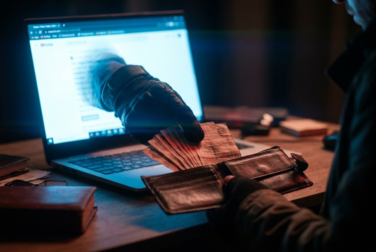A gloved hand reaching out of a laptop screen to take banknotes from a wallet, the Academia.edu subscription trap