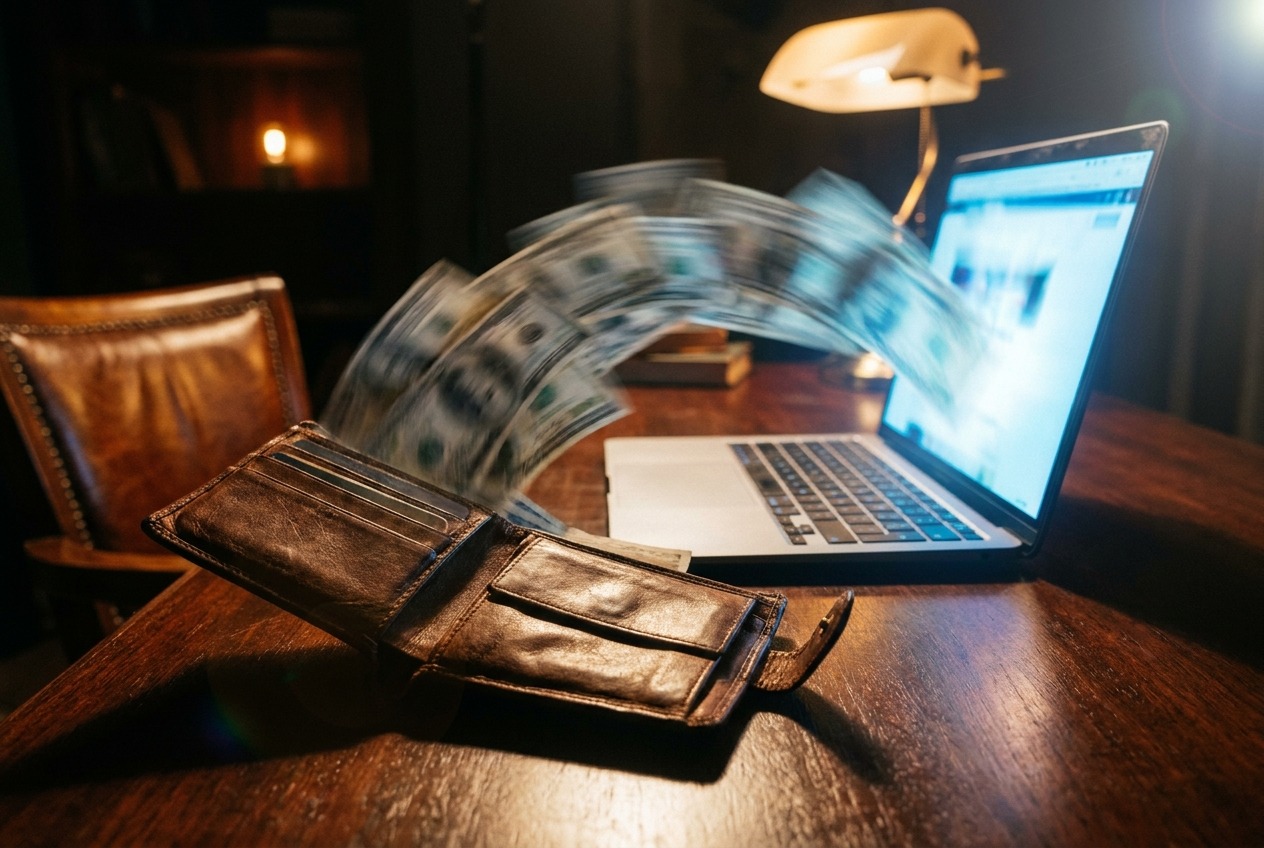 Banknotes streaming out of a wallet into a laptop screen, the escalating Academia.edu subscription renewals