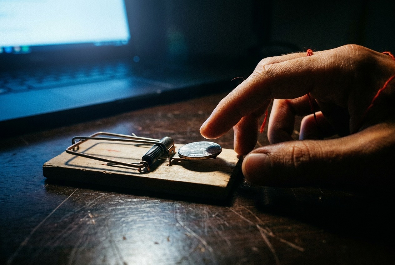 A mousetrap baited with a single coin and a hand reaching for it, the three dollar Academia.edu trial