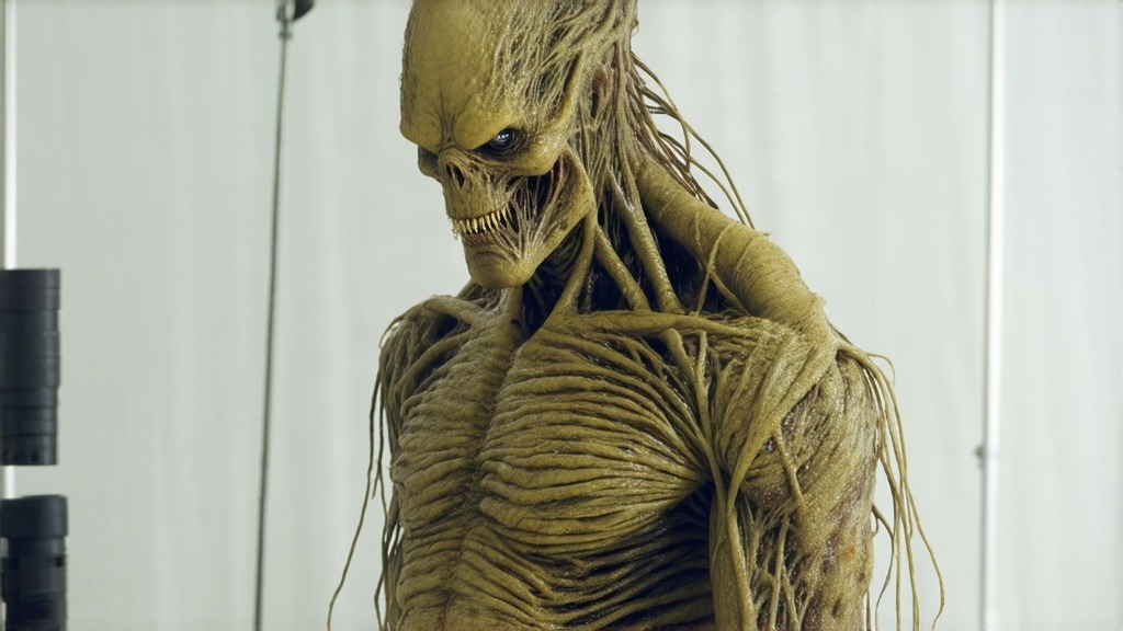 AI-generated practical effects creature concept art, skeletal monster with root-like texture