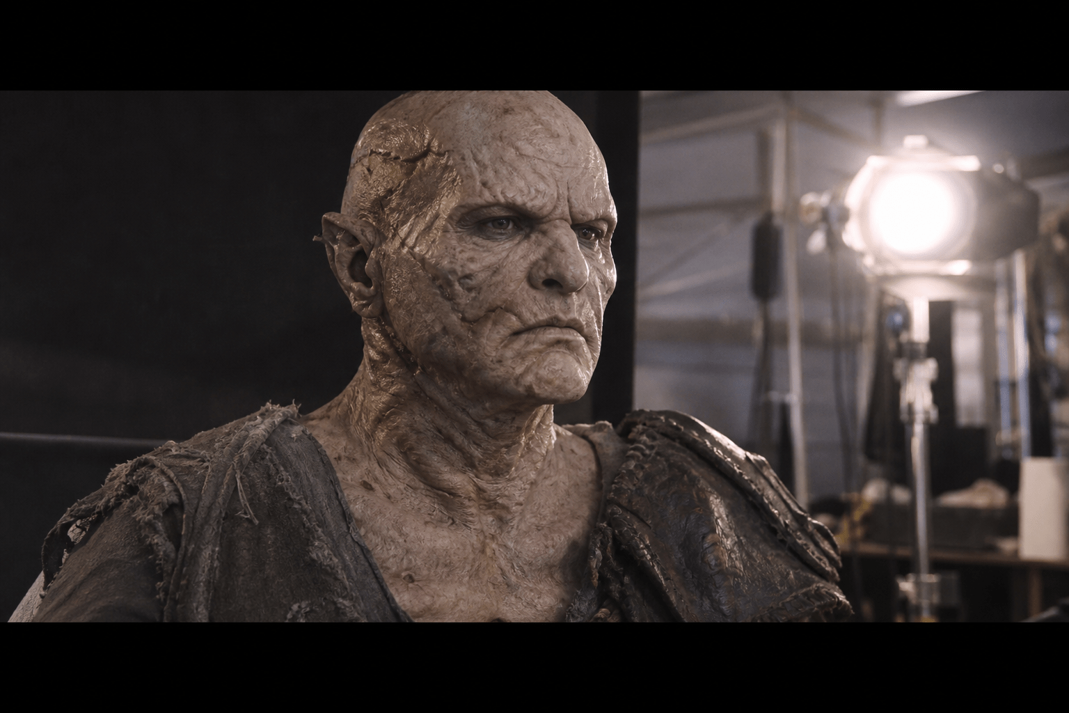 AI-generated practical creature makeup test on an actor with aged prosthetic skin texture