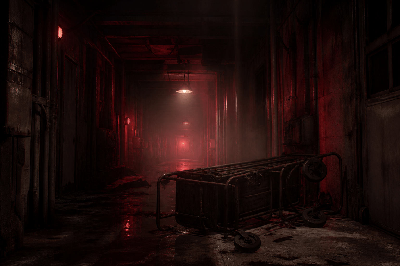 AI-generated abandoned horror film set with red emergency lighting and an overturned gurney