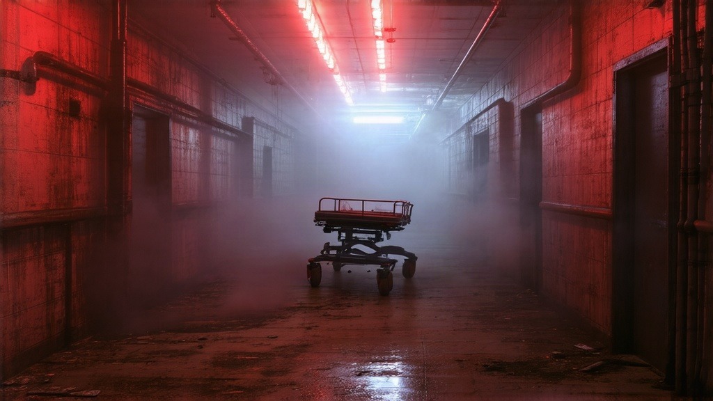 AI-generated abandoned horror film set with red lighting and fog, alternate model output