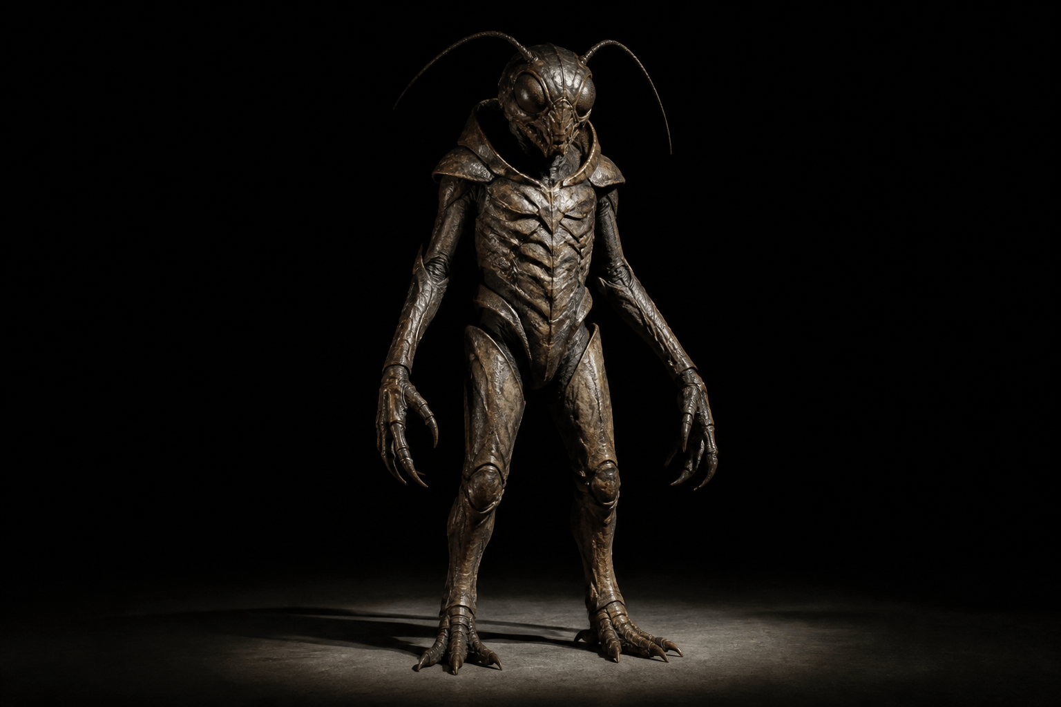 AI-generated full body insectoid creature suit design with armored torso and clawed limbs