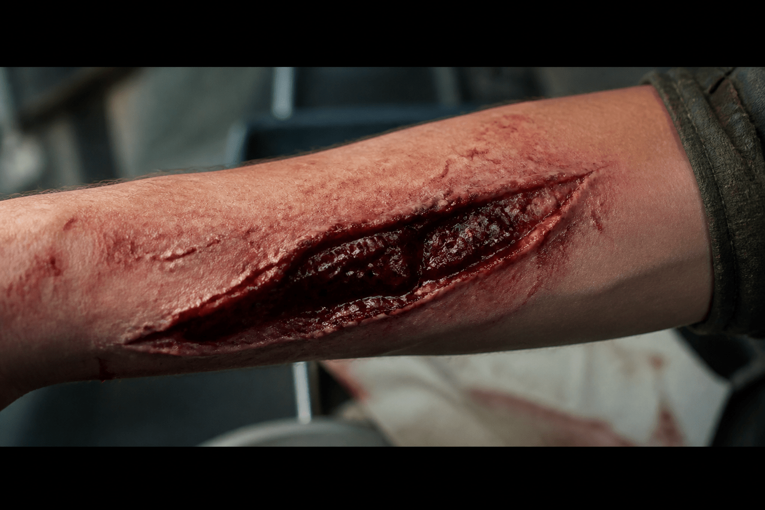 AI-generated practical special effects wound makeup on a forearm with prosthetic and stage blood