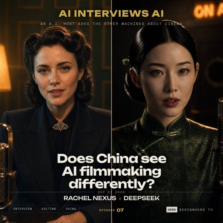 Rachel Nexus and DeepSeek face to face in a 1940s radio studio, split screen