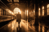 Cinematic nostalgic golden-hour train station scene, warm lens bloom lighting