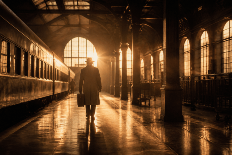 Cinematic nostalgic golden-hour train station scene, warm lens bloom lighting