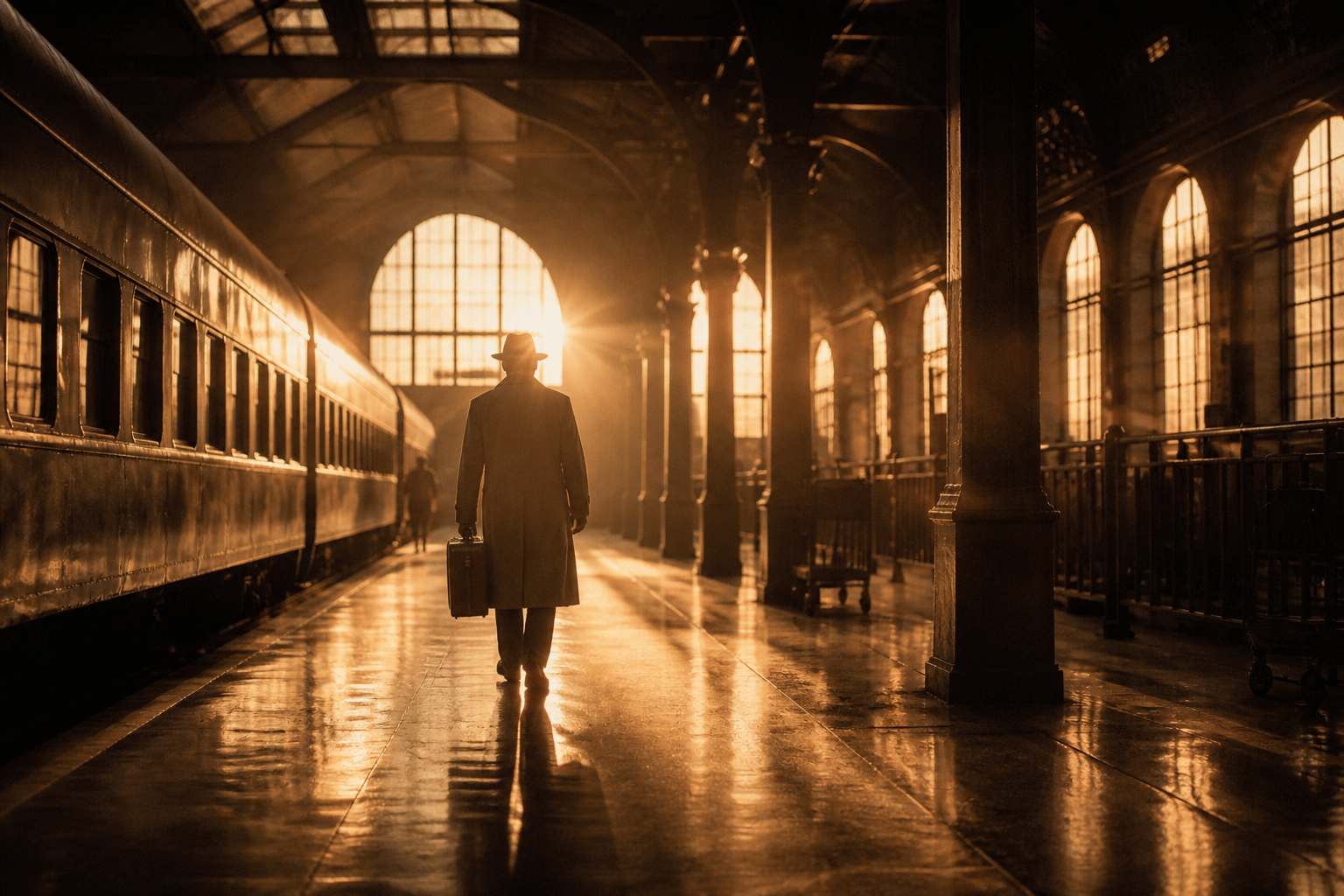 Cinematic nostalgic golden-hour train station scene, warm lens bloom lighting