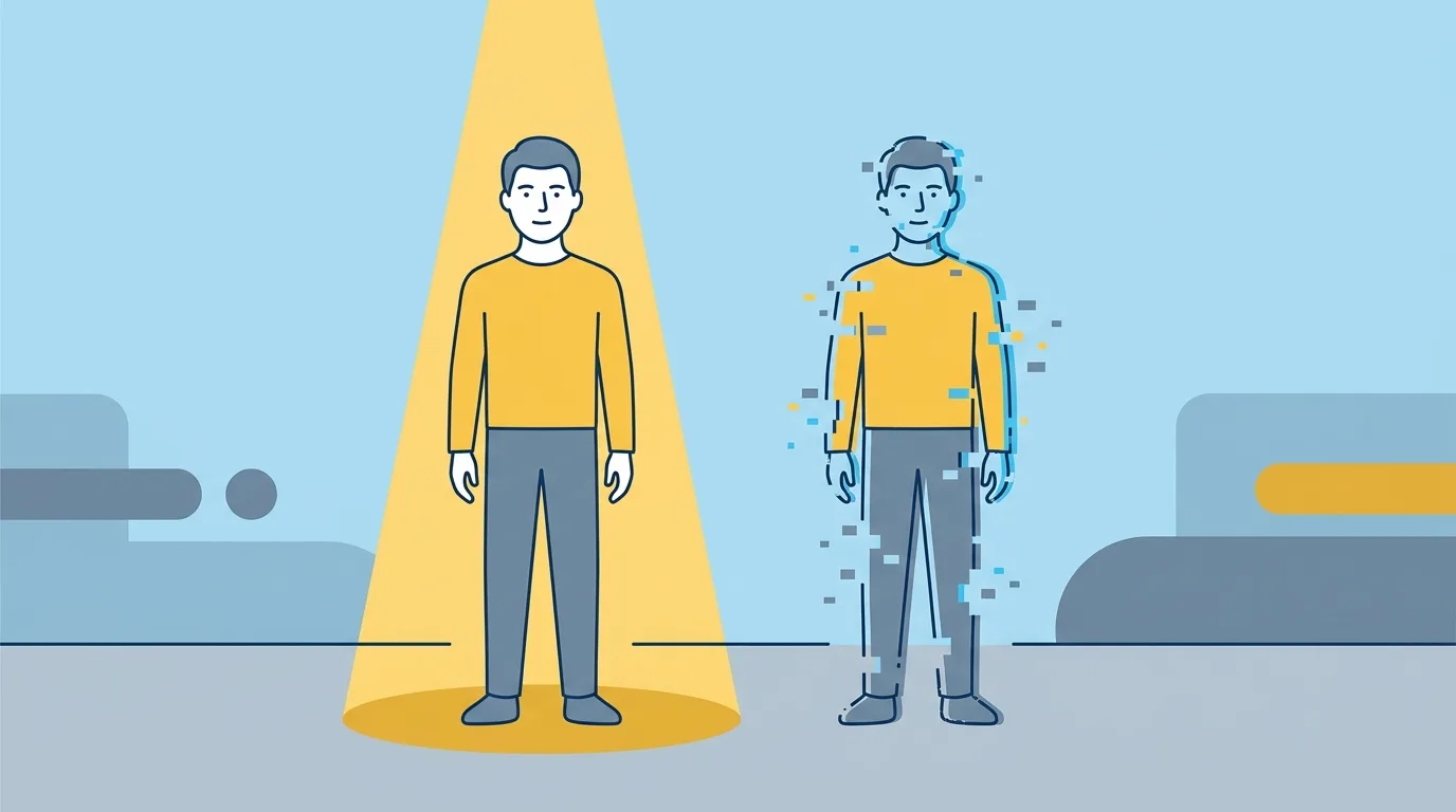 Two identical human figures stand side-by-side, one perfectly rendered and, ai filmmaking