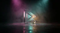 A single, oversized, glowing PLAY icon button, made of polished, ai filmmaking