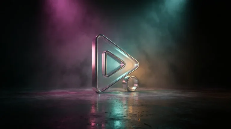A single, oversized, glowing PLAY icon button, made of polished, ai filmmaking
